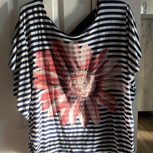 Dress barn 1x Navy and White Striped Blouse with Flower